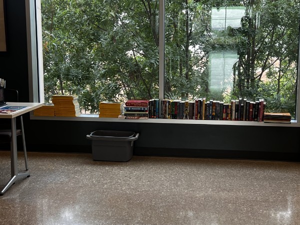 Stacks of yellow magazines and rows of novels on a windowsill overlooking leafy trees.