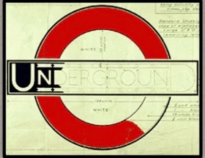 A red Historical Underground roundel over a collage of printed material.