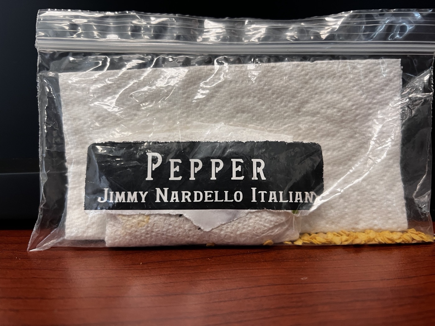 Seed packet labeled “Pepper — Jimmy Nardello Italian.”