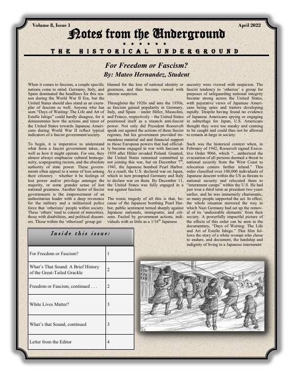 Cover of Notes from the Underground, Volume 8, Issue 1, April 2022